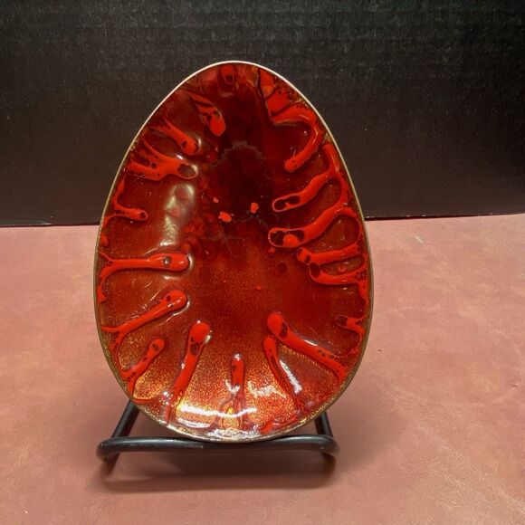 Vtg Enamel on Copper Abstract Trinket Dish Plate MCM Mid-Century Modern Red Drip - Picture 1 of 5